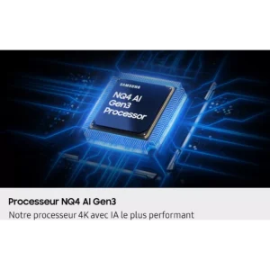 Le dernier téléviseur SAMSUNG TQ77s92f est équipé d'un processeur NQ4 AI Gen3, mis en évidence par des lignes de circuit bleues lumineuses.