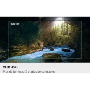 Une rivière vibrante dans une grotte boisée, affichée avec une luminosité et un contraste améliorés sur le SAMSUNG TQ77s92f, qui est doté de la technologie OLED HDR+.