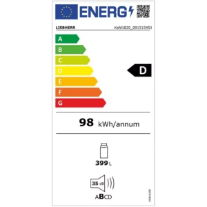 Réfrigérateur LIEBHERR KSFD1820-22 : Classe énergétique D de l'UE, 98 kWh/an, capacité de 399L, 35 dB de bruit.