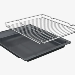 Une rôtissoire en métal BOSCH HBA4720B3F (Copie) surmontée d'une grille amovible, le tout sur fond blanc.