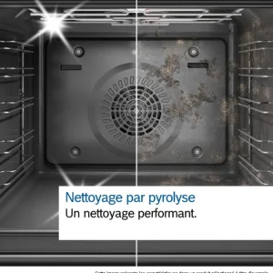 Vue fractionnée de l'intérieur du four montrant le côté gauche sale et le côté droit propre, mettant en évidence l'autonettoyage pyrolytique dans le four encastrable BOSCH HBA4720B3F (Copie).
