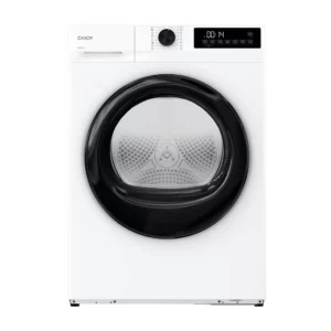 Vue frontale du sèche-linge CANDY GD 9N2B-S en blanc avec une porte noire, un écran digital et un bouton de commande.