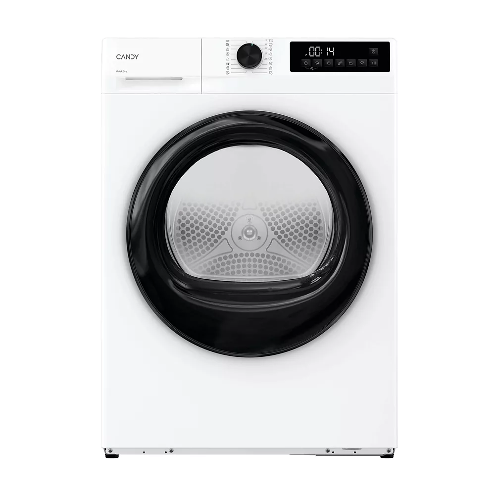 Vue frontale du sèche-linge CANDY GD 9N2B-S en blanc avec une porte noire, un écran digital et un bouton de commande.