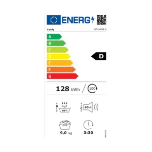 Label énergétique CANDY GD 9N2B-S : classe D, 128 kWh/an, charge de 9 kg, bruit de 65 dB, durée de cycle de 3:30 et efficacité de séchage de 88%.