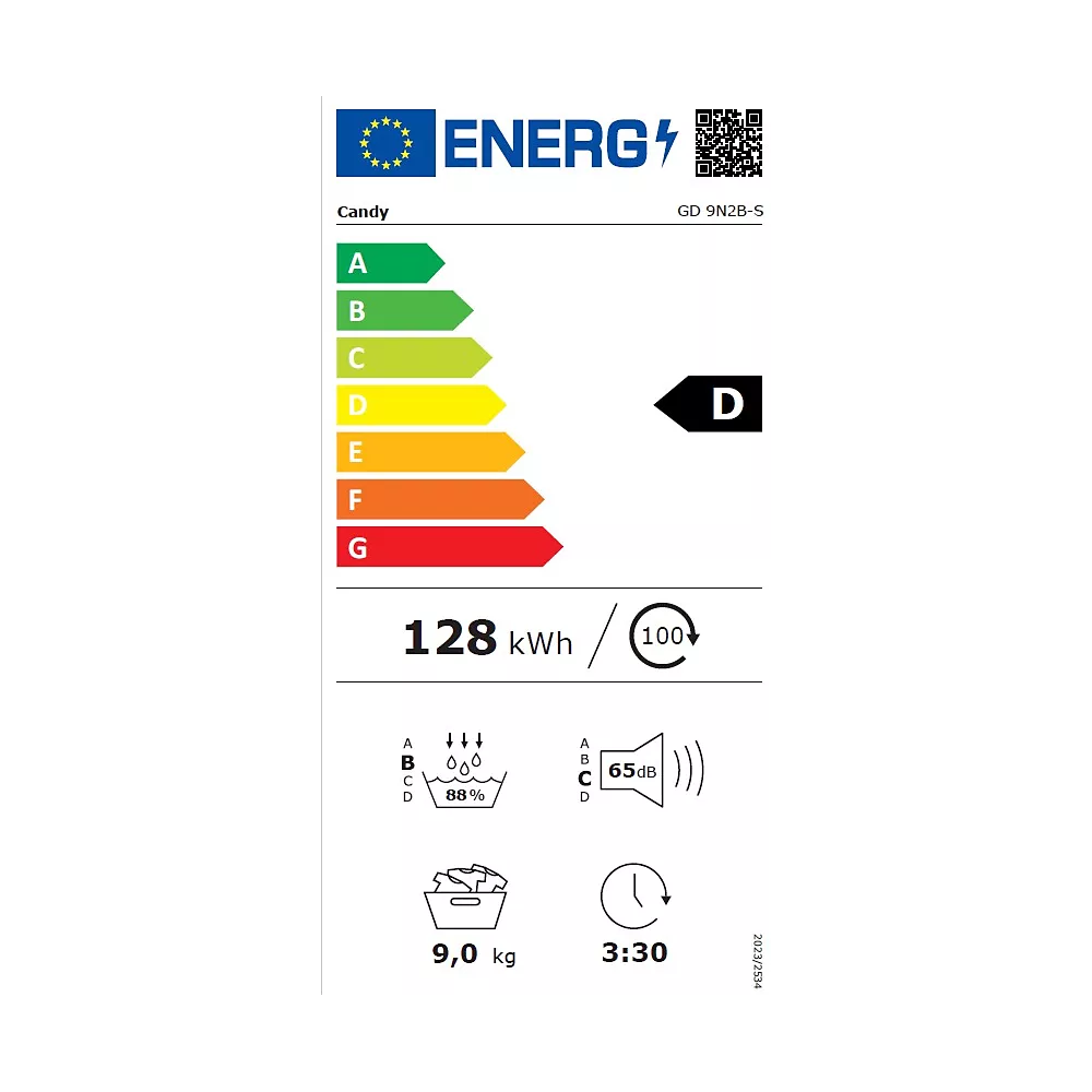 Label énergétique CANDY GD 9N2B-S : classe D, 128 kWh/an, charge de 9 kg, bruit de 65 dB, durée de cycle de 3:30 et efficacité de séchage de 88%.