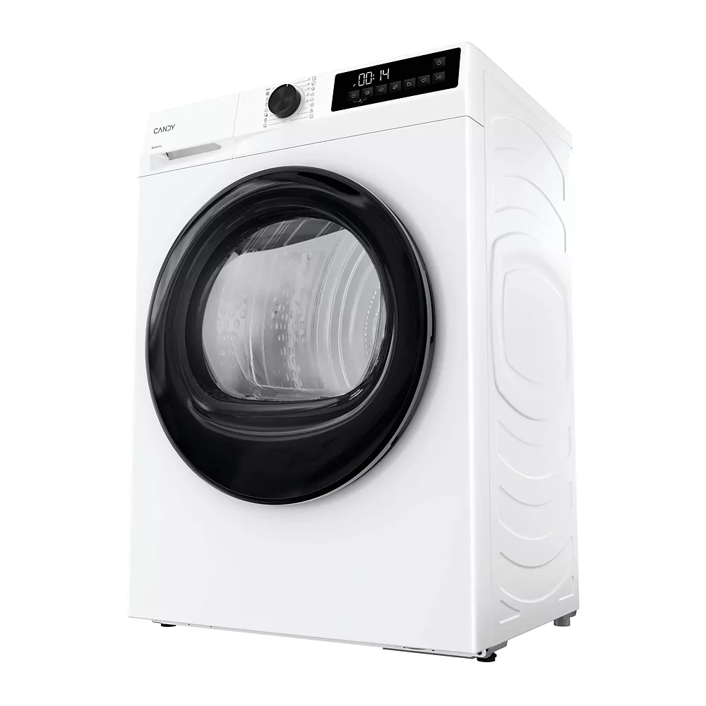 Le CANDY GD 9N2B-S est un lave-linge blanc à chargement frontal avec une porte noire élégante et un affichage numérique facile à utiliser sur le dessus.