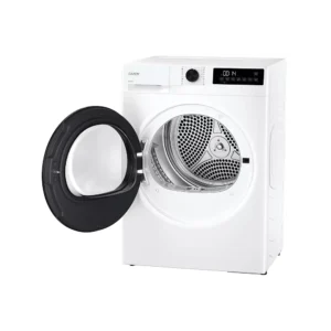 Le CANDY GD 9N2B-S est un sèche-linge blanc à chargement frontal dont la porte est ouverte, mettant en valeur le tambour spacieux et le panneau de commande intuitif.