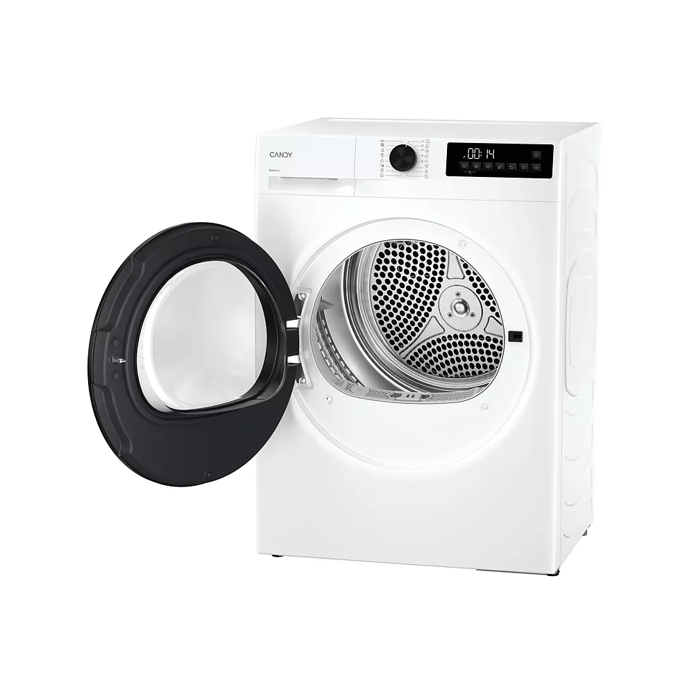 Le CANDY GD 9N2B-S est un sèche-linge blanc à chargement frontal dont la porte est ouverte, mettant en valeur le tambour spacieux et le panneau de commande intuitif.