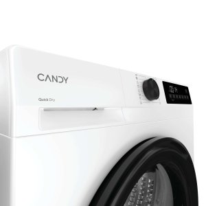 Gros plan sur le lave-linge CANDY GD 9N2B-S en blanc, mettant en évidence son écran digital et son bouton de commande.