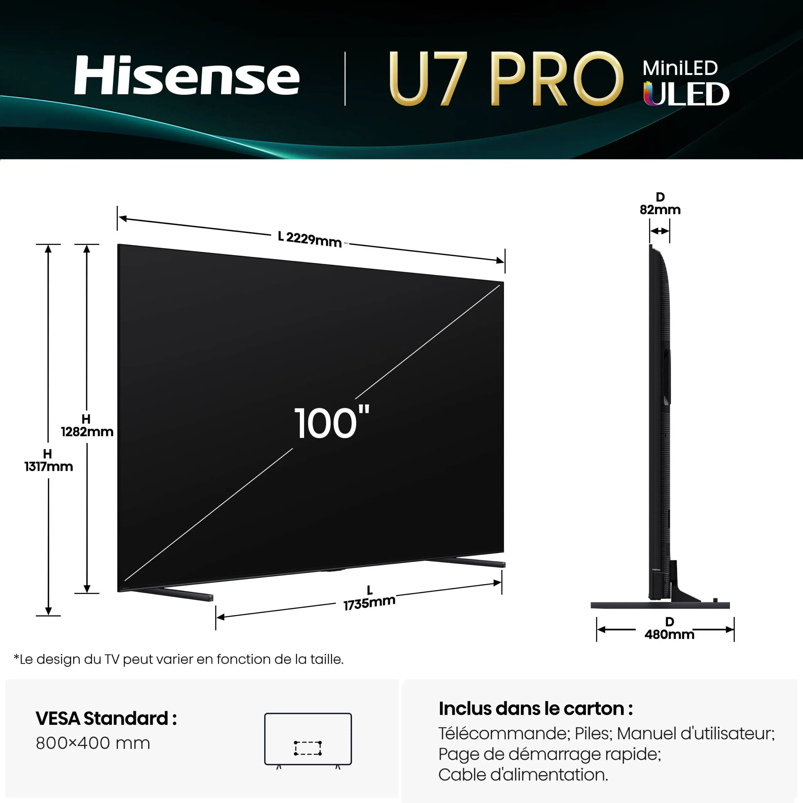 Le téléviseur HISENSE 100U7Q PRO 100" en noir est présenté avec ses dimensions frontales et latérales, ainsi qu'une liste d'accessoires inclus.