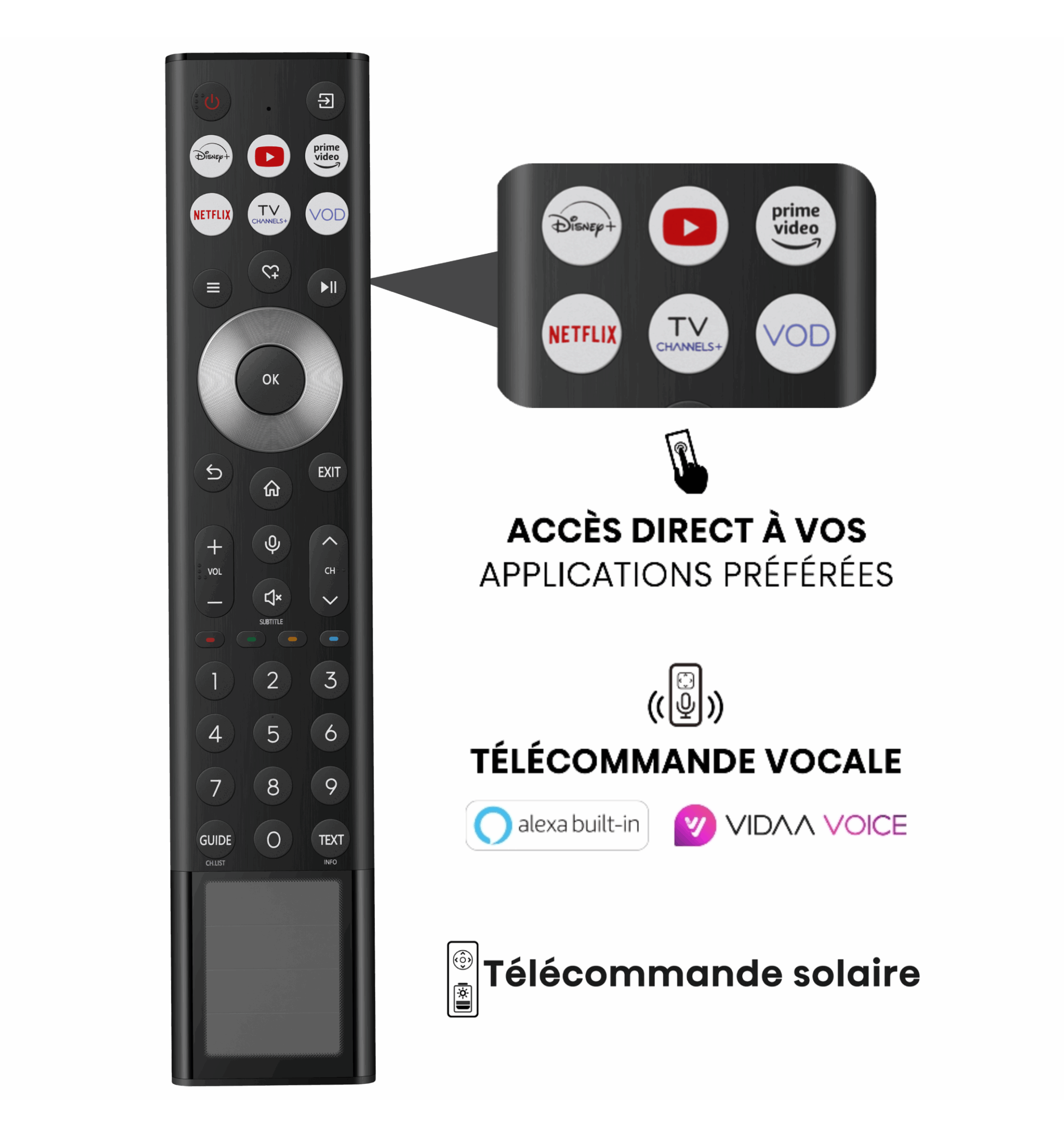 Télécommande noire pour TV HISENSE 100U7Q PRO, avec boutons Netflix, Disney+, Prime, VOD, commandes vocales et panneau solaire.