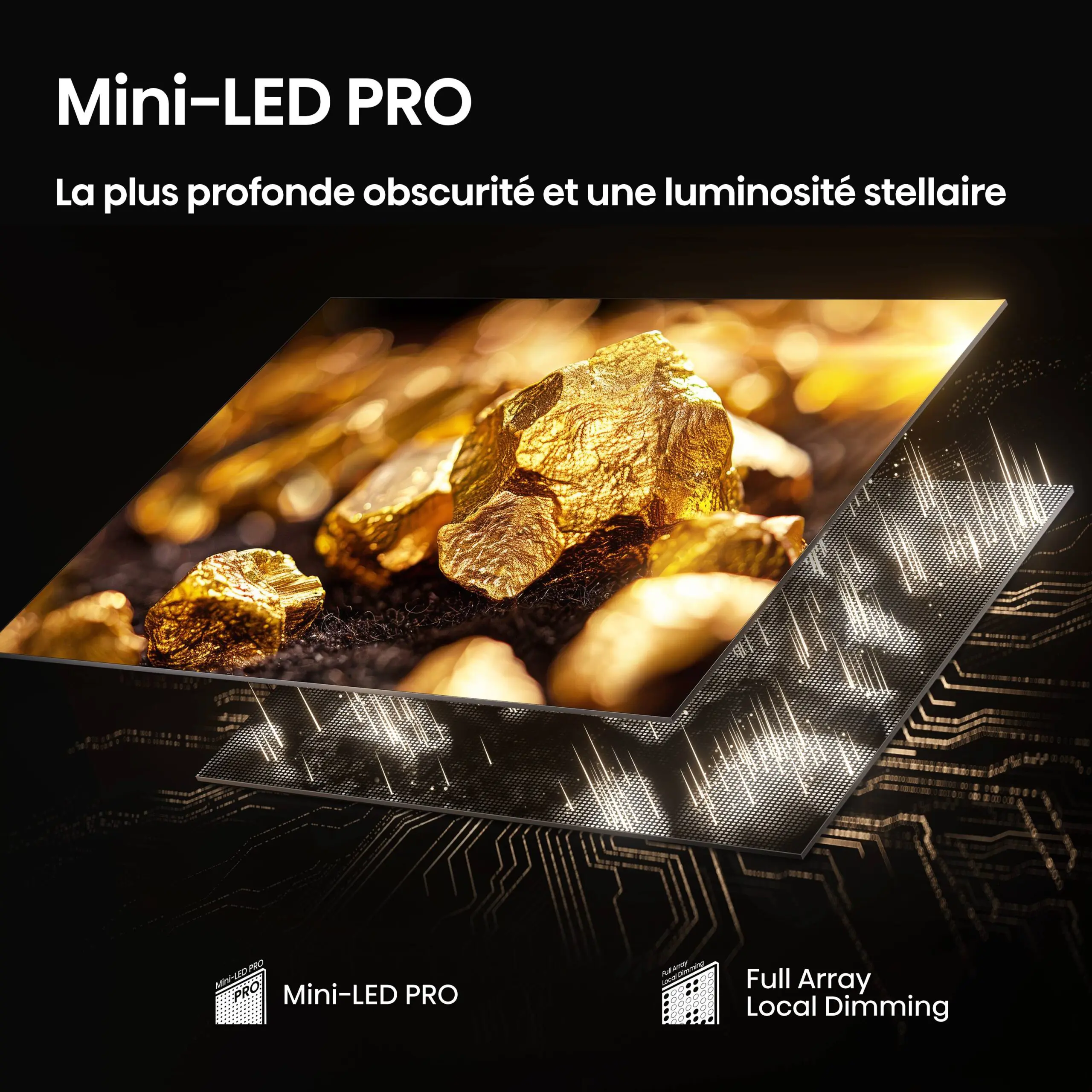 L'écran du HISENSE 100U7Q PRO affiche des pépites d'or, mettant en avant la technologie Mini-LED PRO et Full Array Local Dimming.