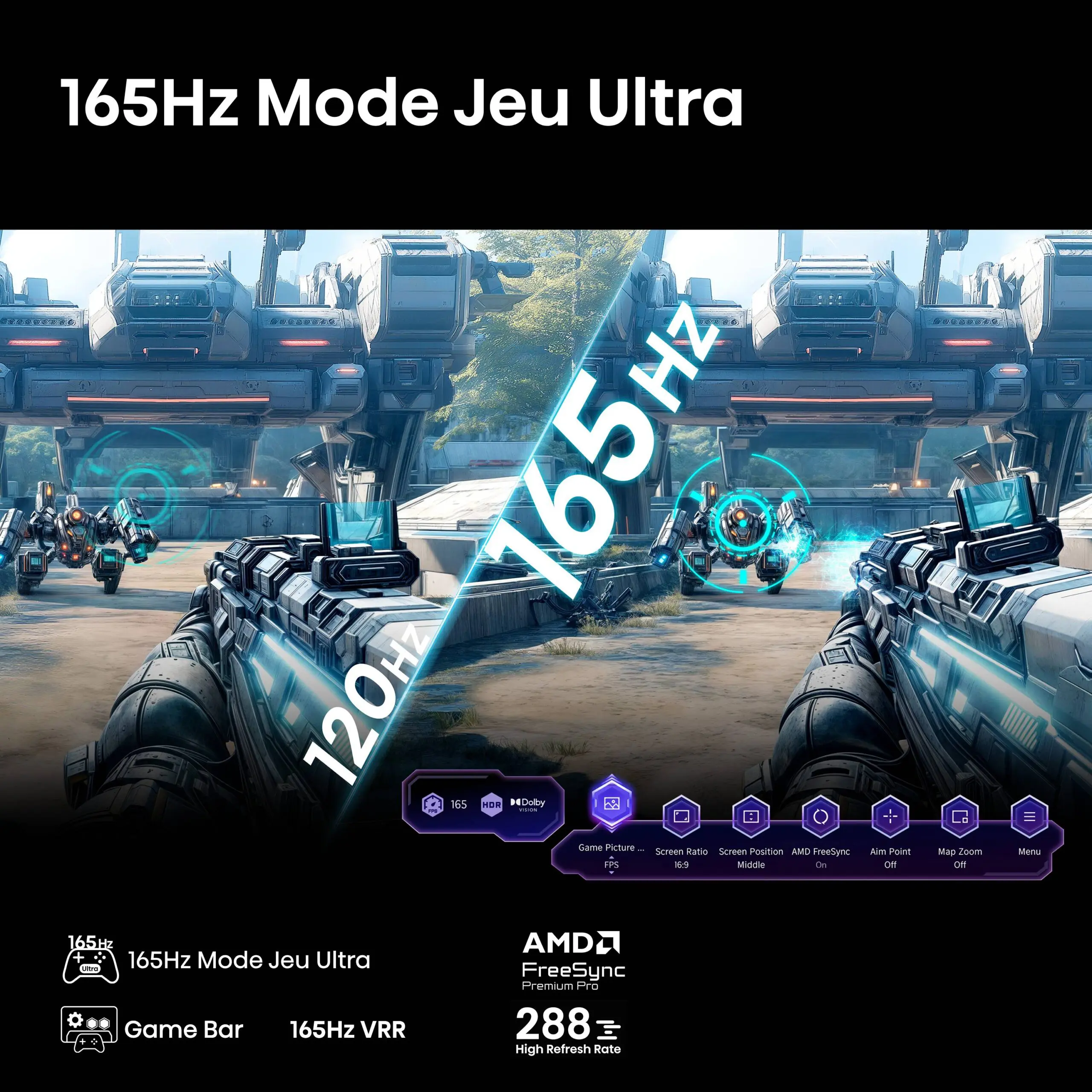 Vue en écran partagé d'un jeu de tir futuriste sur le HISENSE 100U7Q PRO, comparant le gameplay à 120Hz (à gauche) et 165Hz (à droite).