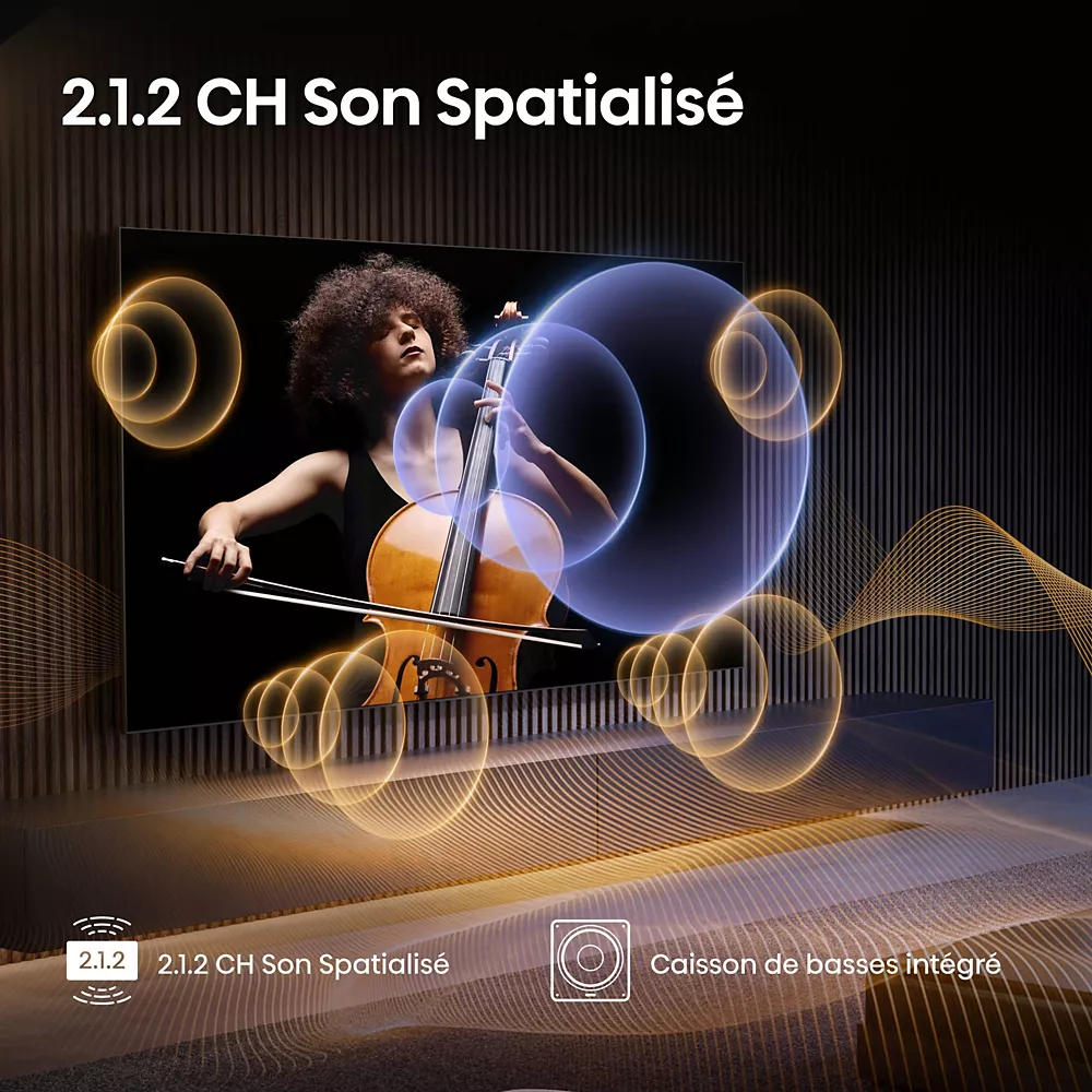 Une femme joue du violoncelle sur un écran de télévision, avec des ondes sonores et des orbes vibrantes qui mettent en valeur l'audio spatial sur le HISENSE 55U7Q PRO, offrant une expérience visuelle immersive.