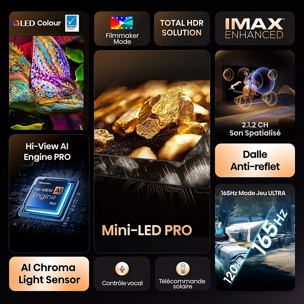 Le HISENSE 55U7Q PRO offre la couleur QLED, IMAX Enhanced, l'affichage Mini-LED Pro, la technologie AI avancée et un mode de jeu rapide à 165 Hz.