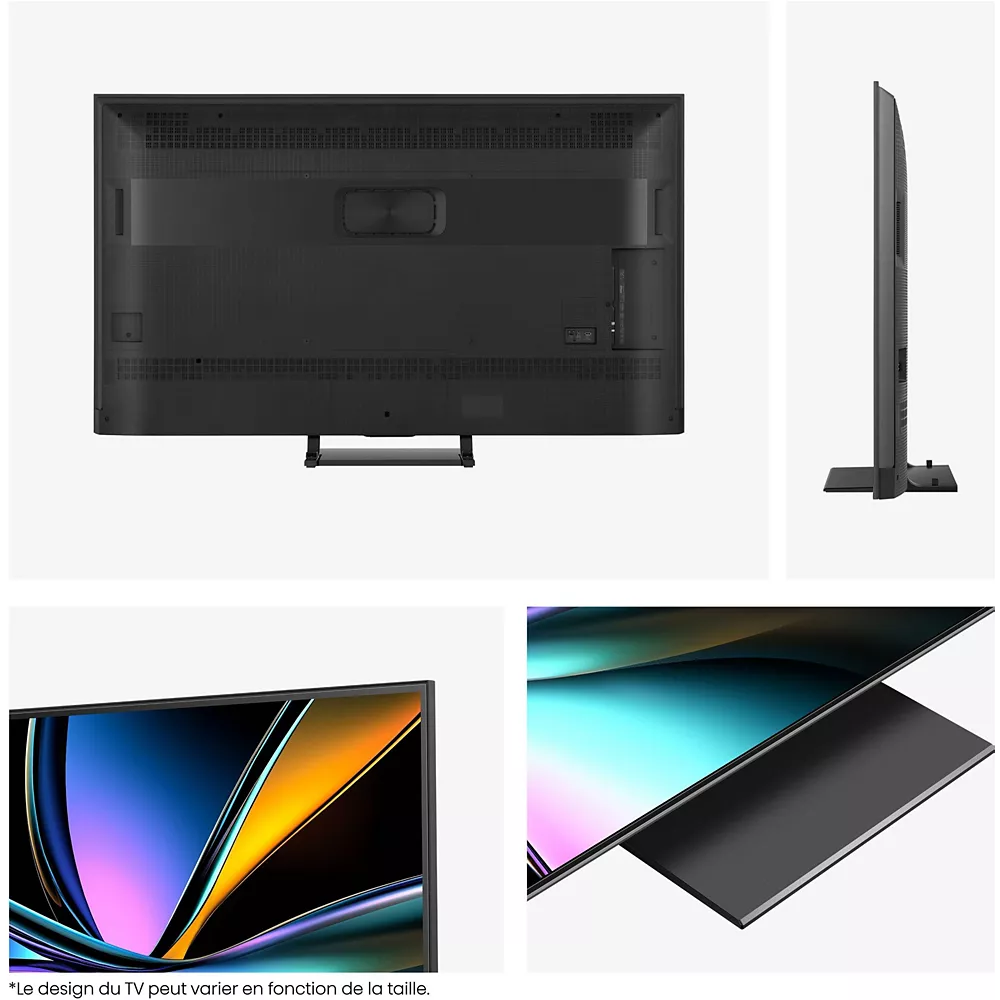 Vue arrière, latérale et rapprochée du téléviseur HISENSE 55U7Q PRO TV mettant en valeur son écran plat et son affichage dynamique.