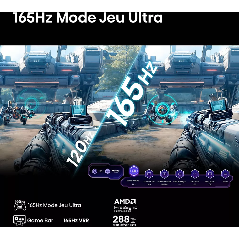Le HISENSE 55U7Q PRO vous permet de jouer en écran partagé, en mettant en évidence la différence entre le taux de rafraîchissement de 120 Hz et celui de 165 Hz, ultra-fluide, pour des performances de jeu accrues.