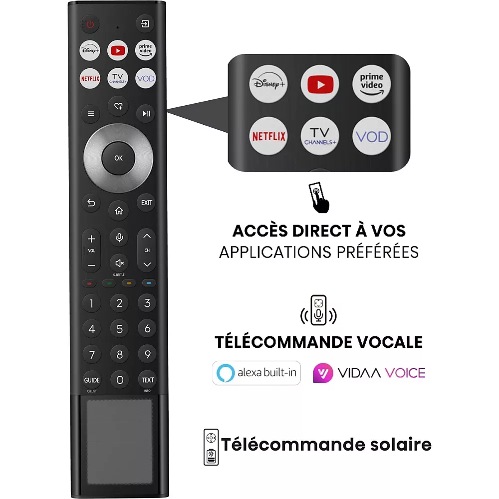 Télécommande noire pour le HISENSE 65U7Q PRO avec boutons de raccourci pour Netflix, Disney+, Prime Video, commande vocale et charge solaire.