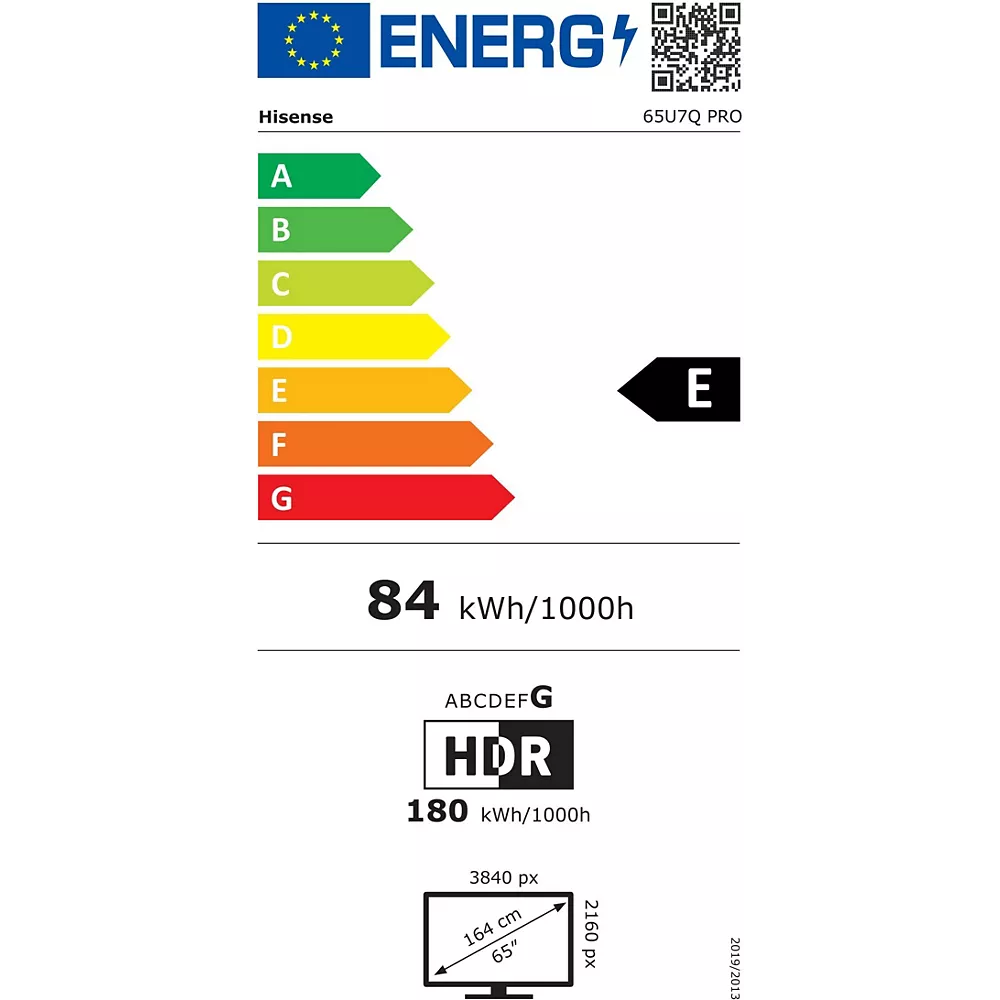 Étiquette énergétique pour HISENSE 65U7Q PRO : Classification E, 84 kWh/1000h, 65", 4K HDR (3840 x 2160), drapeau de l'UE affiché.