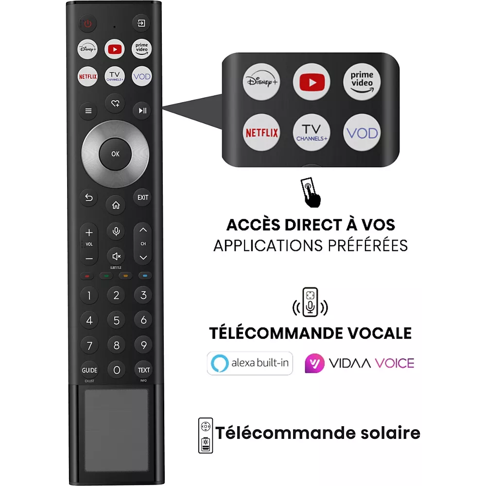 Télécommande HISENSE noire avec étiquettes en français, boutons pour les applications TV les plus populaires, commande vocale et charge solaire - un accessoire idéal pour votre HISENSE 75U7Q PRO.