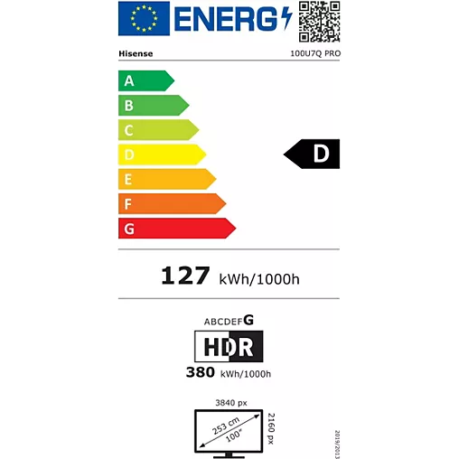 Le téléviseur HISENSE 100U7Q PRO a une étiquette énergétique D, consomme 127 kWh/1000h, prend en charge le HDR, dispose d'une surface d'affichage de 384 cm² et offre une résolution nette de 2160p.