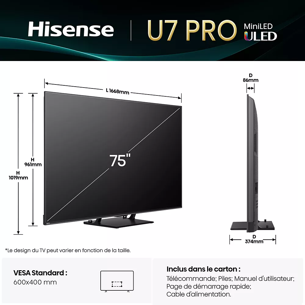 Le téléviseur HISENSE 75U7Q PRO 75 pouces présenté avec ses dimensions, ainsi que les accessoires inclus comme la télécommande et le câble d'alimentation.