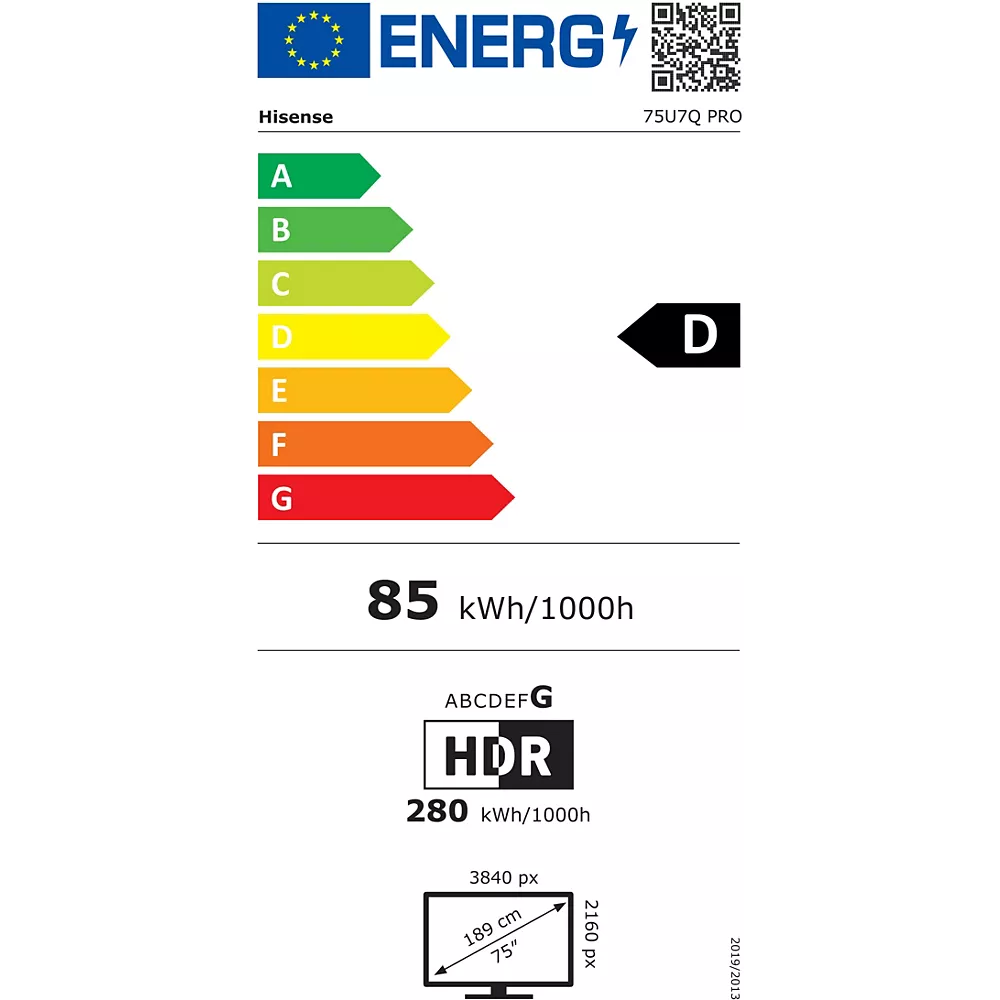 Le téléviseur HISENSE 75U7Q PRO a une étiquette énergétique D, consomme 85 kWh/1000h (standard), 280 kWh/1000h (HDR), et dispose d'un écran 4K UHD HDR de 75 pouces.