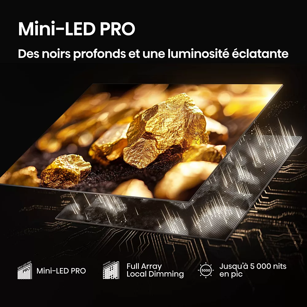 Un écran de télévision affiche des pépites d'or éclatantes, mettant en valeur le HISENSE 75U7Q PRO Mini-LED PRO avec des noirs profonds et une luminosité allant jusqu'à 5 000 nits.