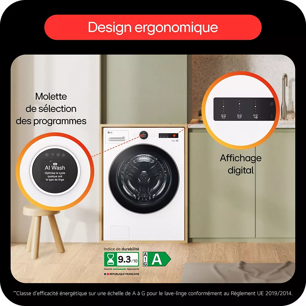Le lave-linge à chargement frontal LG F20F12WST avec affichage numérique et bouton de programmation est présenté dans une buanderie moderne.