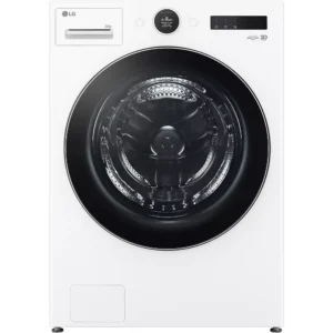 Vue avant du lave-linge LG F20F12WST en blanc, doté d'une porte circulaire noire à chargement frontal et d'un panneau d'affichage numérique.