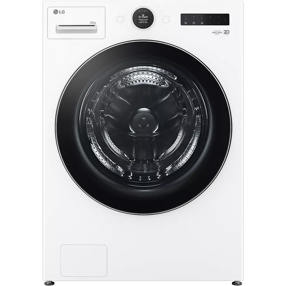 Vue avant du lave-linge LG F20F12WST en blanc, doté d'une porte circulaire noire à chargement frontal et d'un panneau d'affichage numérique.