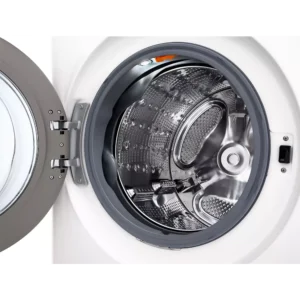 Ouvrez le lave-linge à chargement frontal LG F20F12WST pour découvrir son tambour en acier inoxydable spacieux et vide à l'intérieur.