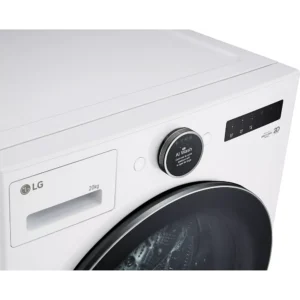 Gros plan sur le lave-linge à chargement frontal blanc LG F20F12WST doté d'un écran numérique et d'un bouton de commande portant la mention "AI Wash".
