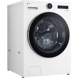 Le LG F20F12WST est un lave-linge blanc à chargement frontal doté d'un affichage numérique et d'un panneau de commande.
