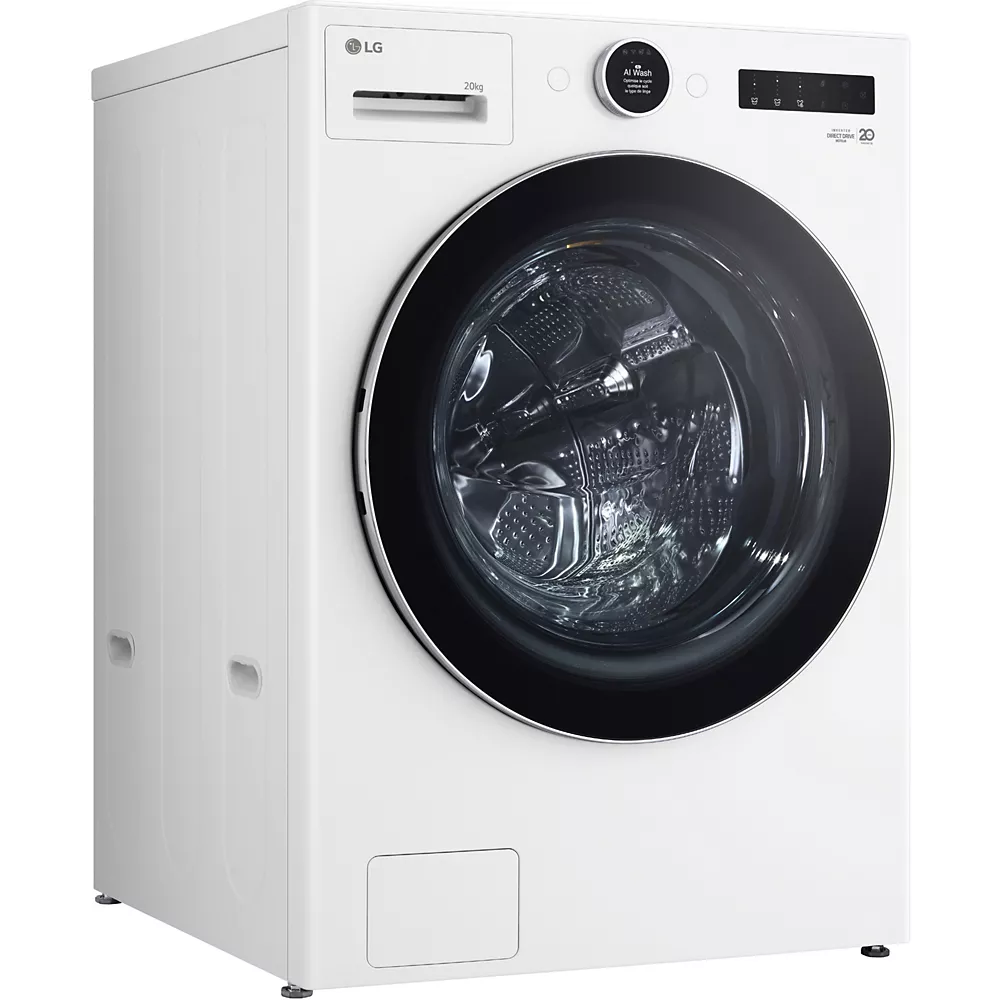 Le LG F20F12WST est un lave-linge blanc à chargement frontal doté d'un affichage numérique et d'un panneau de commande.