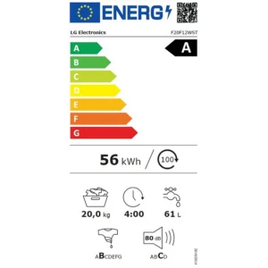Étiquette énergétique du lave-linge LG F20F12WST : A, consomme 56kWh pour 100 cycles, gère des charges de 20kg, cycle de 4 heures, consomme 61L d'eau par cycle, et a un niveau sonore de 80dB.