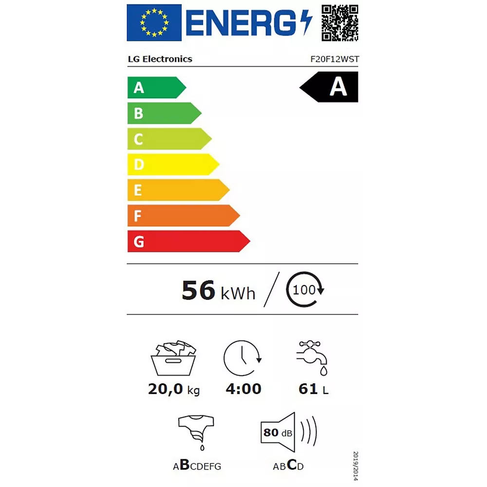 Étiquette énergétique du lave-linge LG F20F12WST : A, consomme 56kWh pour 100 cycles, gère des charges de 20kg, cycle de 4 heures, consomme 61L d'eau par cycle, et a un niveau sonore de 80dB.