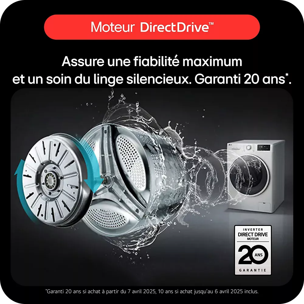 Gros plan sur le tambour du lave-linge à chargement frontal LG F20F12WST avec éclaboussures d'eau, dont le moteur DirectDrive est garanti 20 ans.