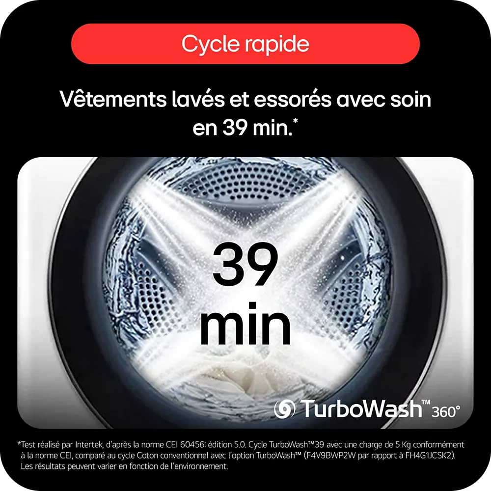 Le tambour du lave-linge LG F20F12WST affiche "39 min", mettant en avant le cycle lavage rapide.