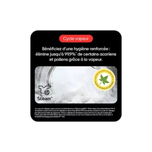 Texte en français sur l'hygiène du cycle de vapeur pour le lave-linge à chargement frontal LG F20F12WST, avec des icônes de vapeur et d'allergie, et de la vapeur blanche illustrée en arrière-plan.
