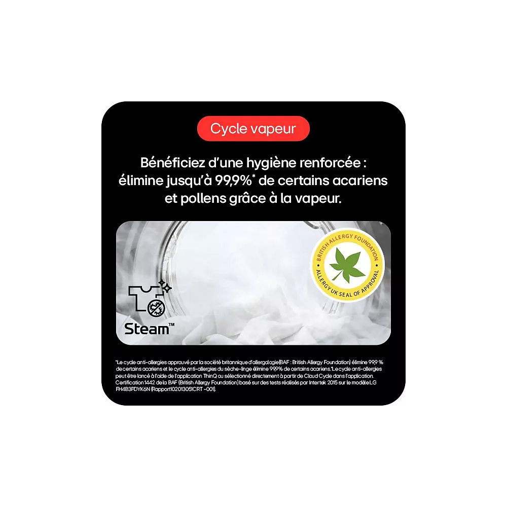 Texte en français sur l'hygiène du cycle de vapeur pour le lave-linge à chargement frontal LG F20F12WST, avec des icônes de vapeur et d'allergie, et de la vapeur blanche illustrée en arrière-plan.