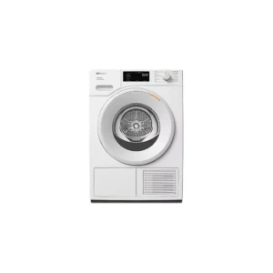 Vue de face du sèche-linge MIELE TSC643WP en blanc, doté d'un design moderne, d'un écran digital et d'une porte ronde.