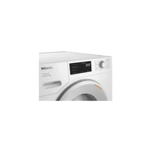 Lave-linge MIELE blanc avec écran digital et bouton de commande frontal, idéalement assorti au sèche-linge à pompe à chaleur MIELE TSC643WP pour un entretien efficace du linge.