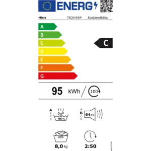 Sèche-linge MIELE TSC643WP : classe énergétique C, 95 kWh/an, charge de 8 kg, bruit de 64 dB, durée de cycle de 2:50 et efficacité de la condensation de 95 %.