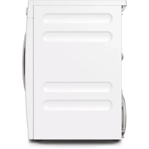 Vue latérale d'un lave-linge MIELE blanc avec trois lignes horizontales en retrait sur le panneau, présenté à côté du sèche-linge à pompe à chaleur MIELE TSC643WP.
