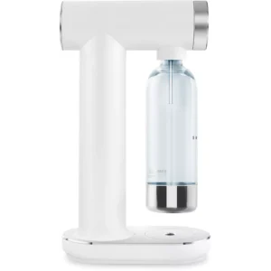 Le SMEG SKC01WHM MAT est un élégant préparateur d'eau gazeuse blanc doté d'une bouteille transparente sur le côté droit.