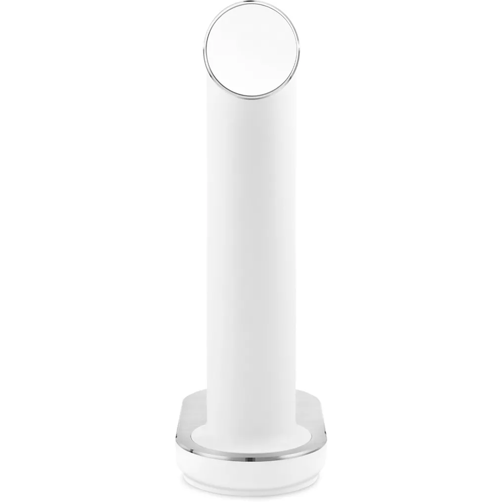 Le SMEG SKC01WHM MAT est un porte-serviettes moderne de couleur blanche, avec une partie supérieure circulaire et une base chromée, sur fond blanc.