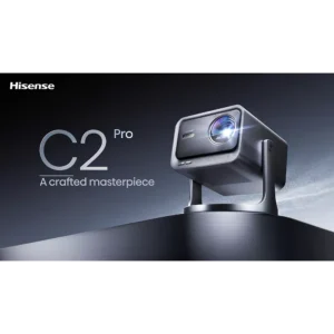 Le projecteur HISENSE C2 PRO est présenté sur un support, avec l'inscription "A crafted masterpiece" sur un fond sombre.