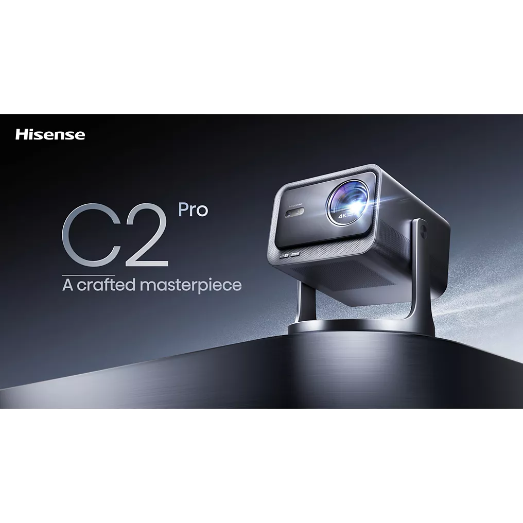 Le projecteur HISENSE C2 PRO est présenté sur un support, avec l'inscription "A crafted masterpiece" sur un fond sombre.