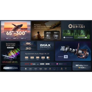Le projecteur HISENSE C2 PRO offre une résolution 4K, une prise en charge IMAX, un son JBL, Dolby Vision, des applications de streaming intégrées et plusieurs tailles d'écran.